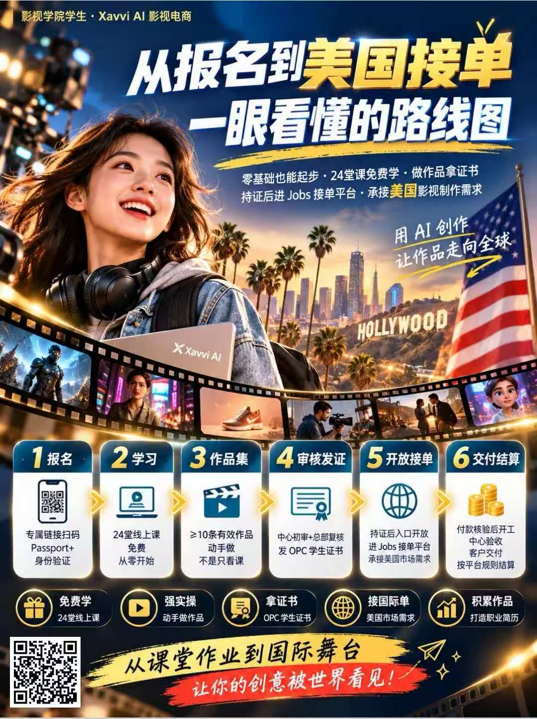 Film Academy students Xavvi AI film e-commerce roadmap poster — from enrollment to U.S. bookings at a glance