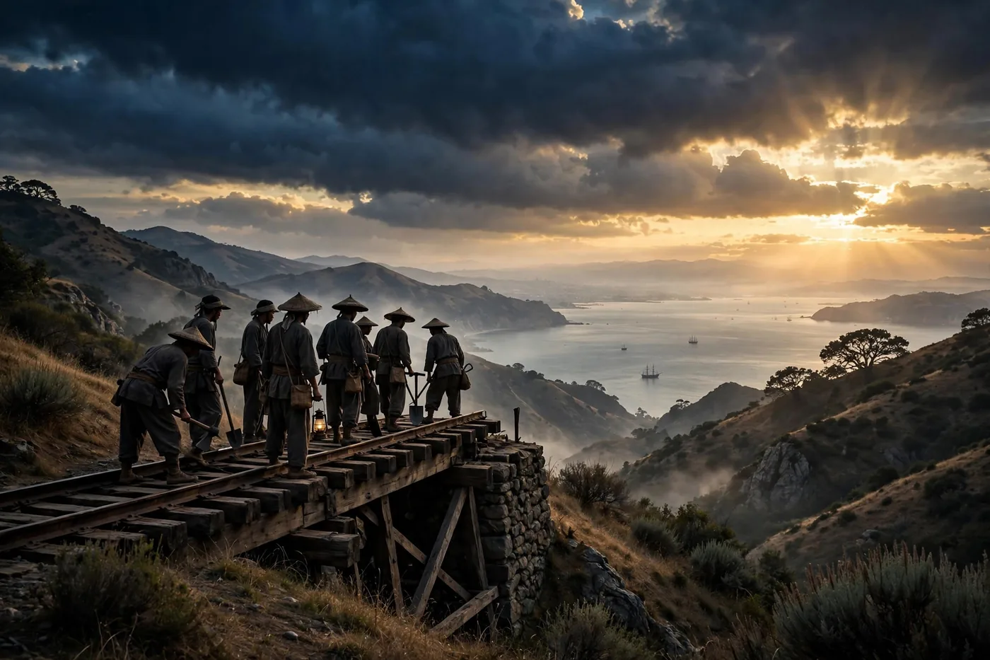 Tears of San Francisco — Chinese railroad workers building the Pacific Railroad at sunset