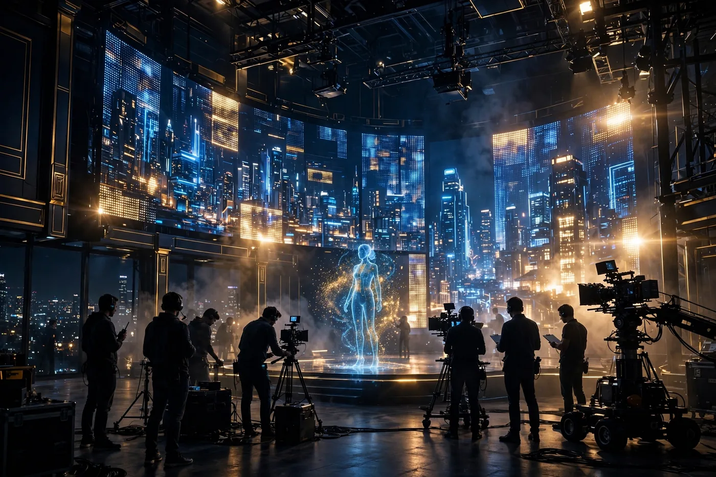 AI virtual production stage at Silver Dollar Studio — LED volume wall, digital human hologram and film crew