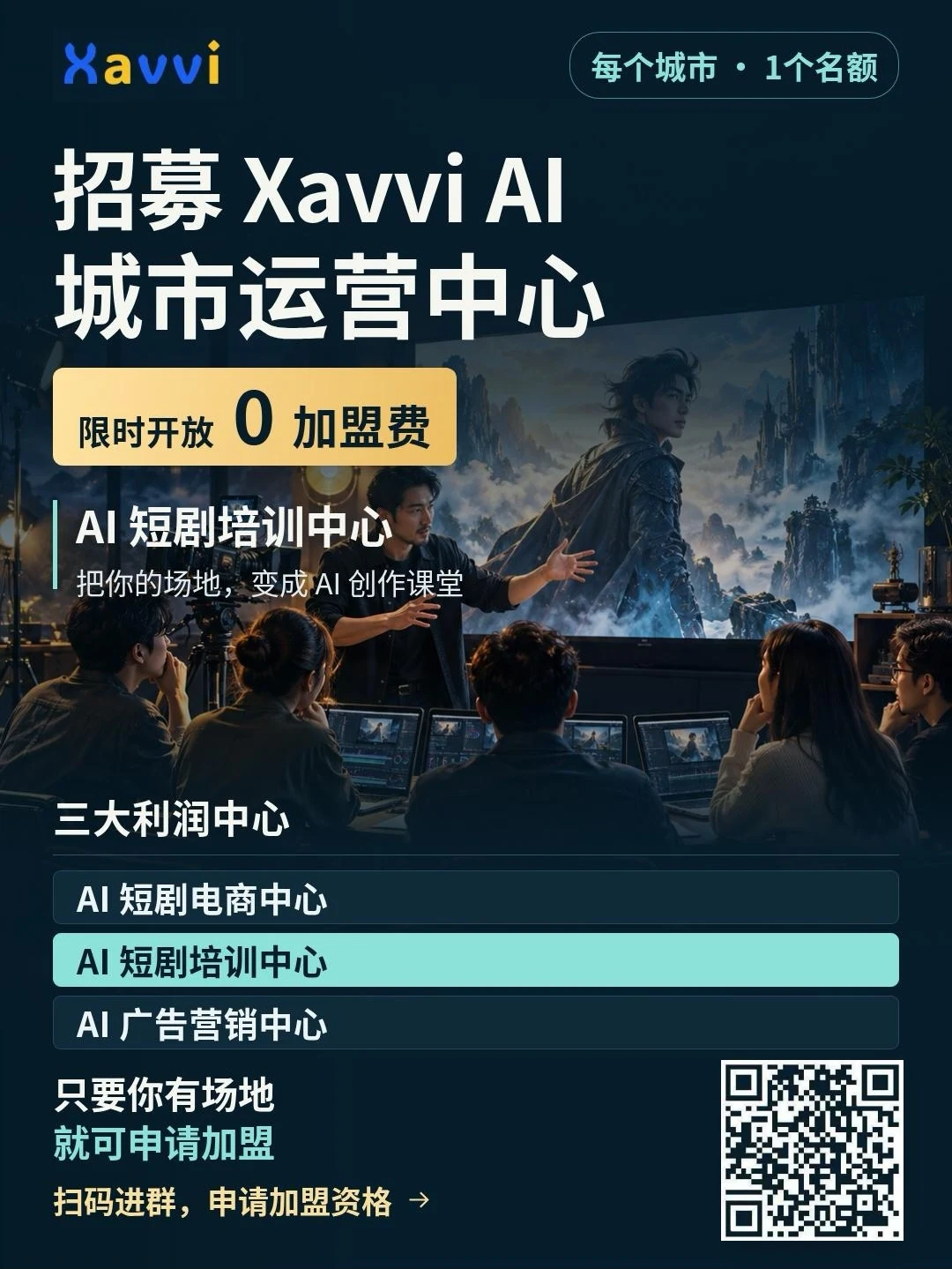 Xavvi AI City Operations Center recruitment poster — one slot per city, zero franchise fee for a limited time