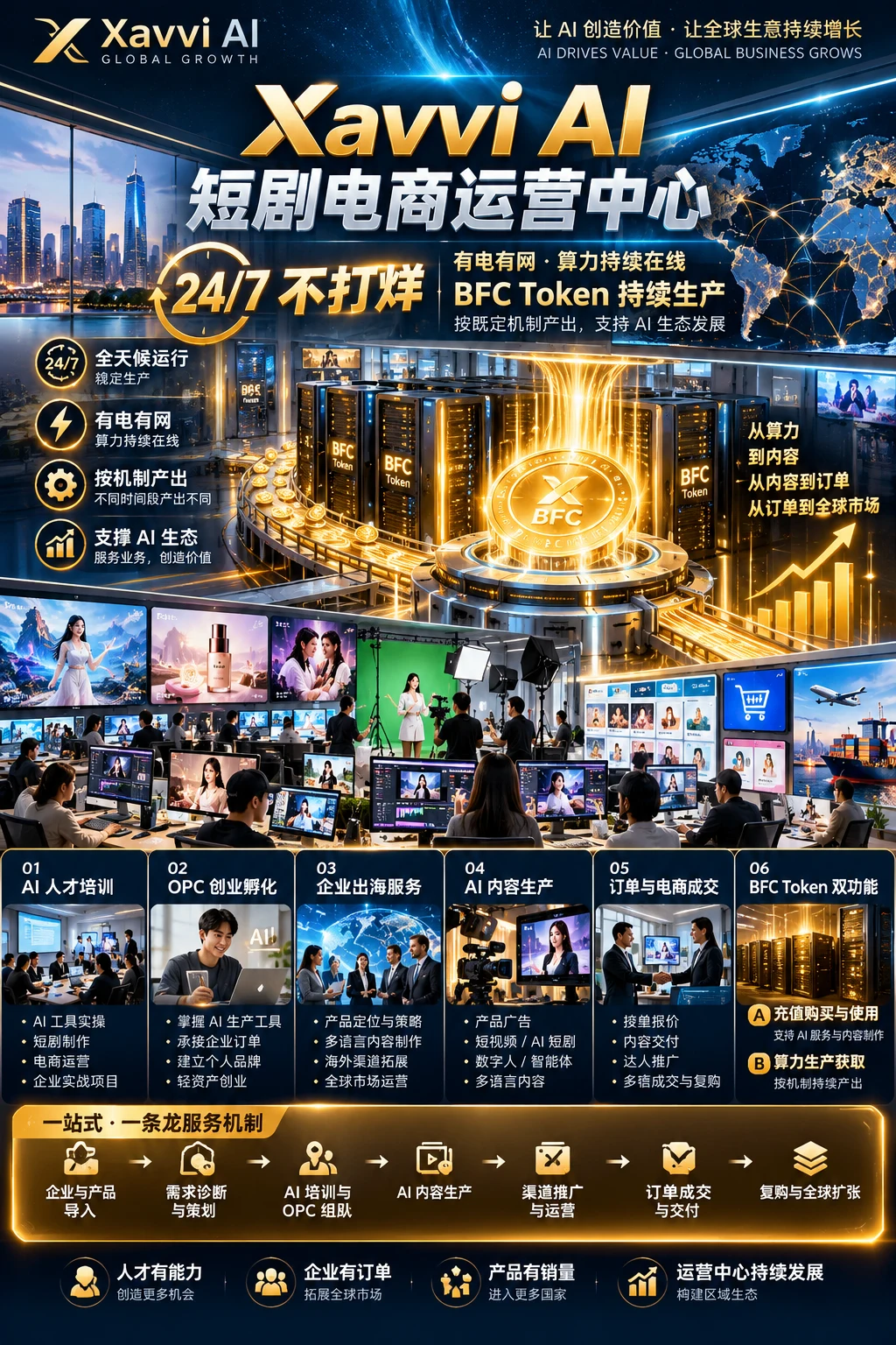 Xavvi AI short-drama e-commerce operations center poster — 24/7, and AI OPC free entrepreneurship training, launching October 21